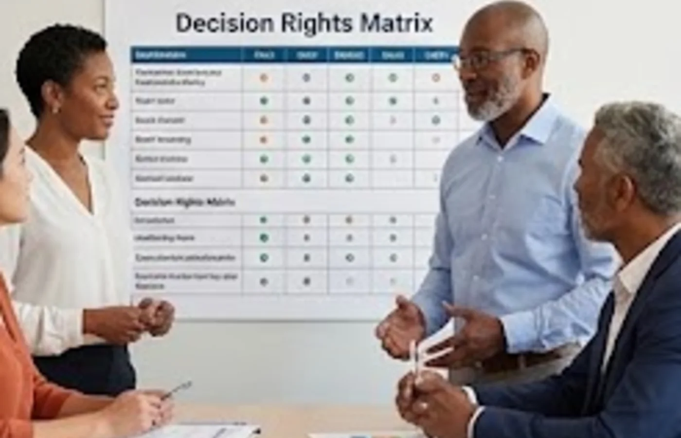 Leadership reviewing a decision rights matrix